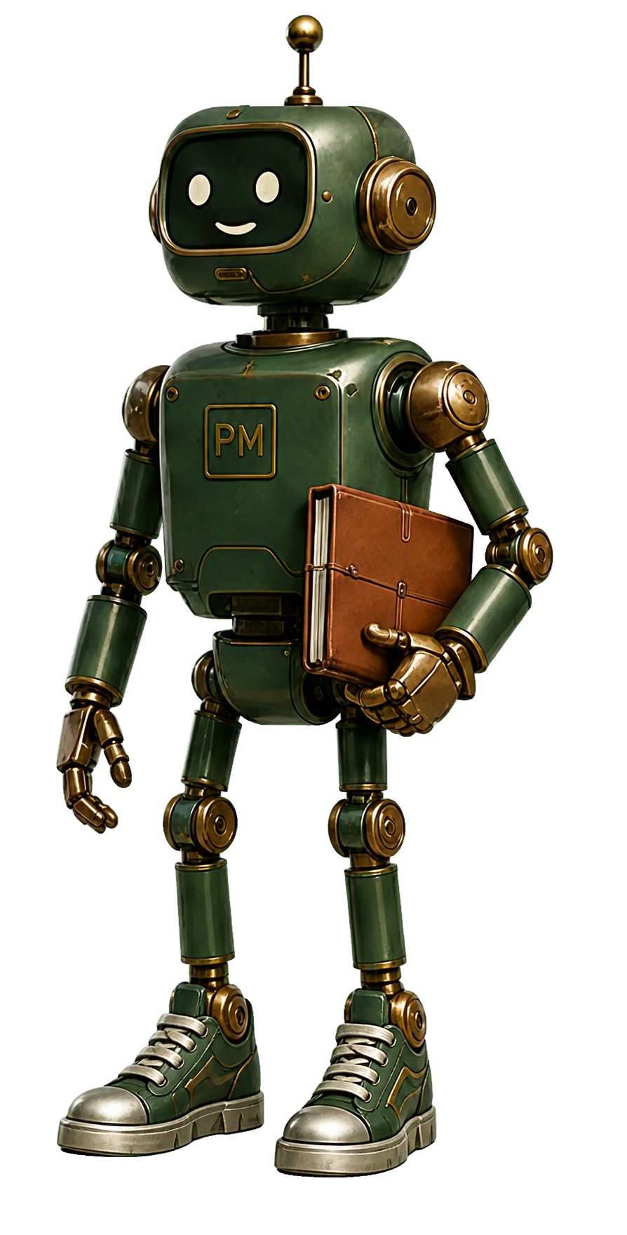 A green and brass Proper Machines steward robot carrying a notebook